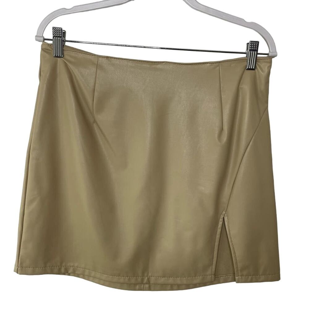 Rewash Brand Mini Skirt Faux Leather‎ Beige Thigh Slit Sexy Office Siren Brats L